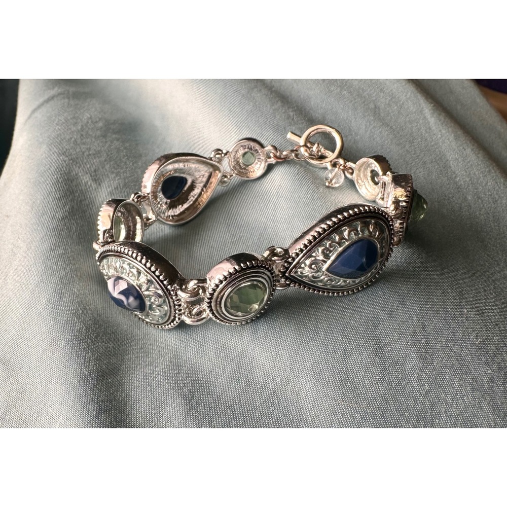 Napier Toggle Link Bracelet Silver Blue Green Excellent Filigree Boho